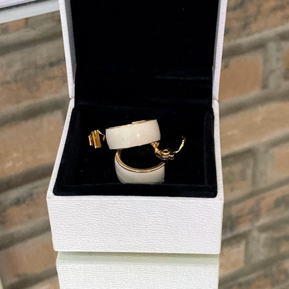 Vintage Monet Cream Gold Tone Hoop Earrings Signed